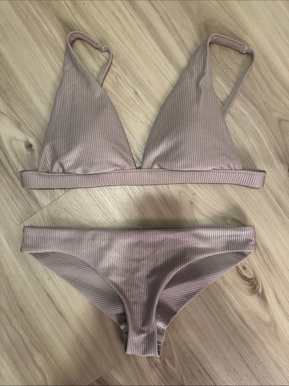 aerie Ribbed Triangle Bikini in Mauve Pink small bottom large top blush